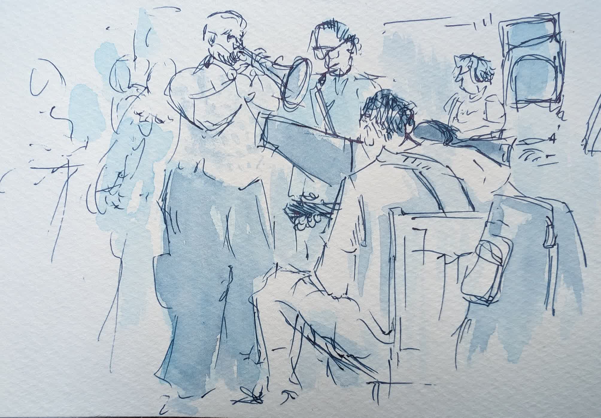 Sketch of the December '23 jazz jam by Heather Bentley