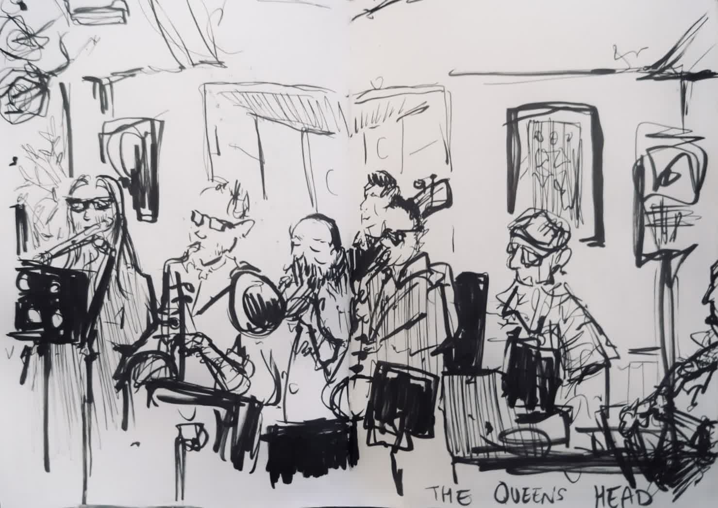 Sketch of the band at our Groove & Grill event at the Queens Head on 15 Mar 2025 (by Heather Bentley)